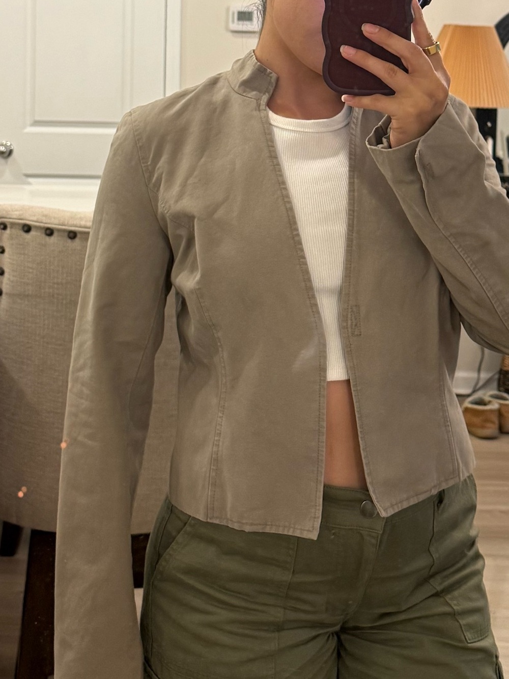 Isaac Mizrahi Taupe Open-Front Utility Jacket